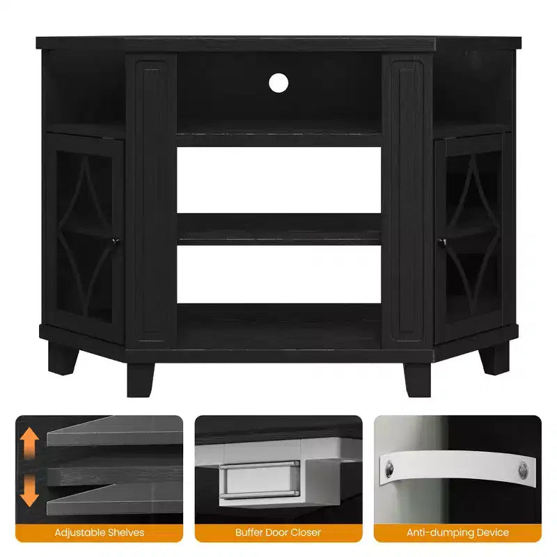 Meubles TV d'angle pour téléviseurs jusqu'à 55'', Meuble console média avec étagères réglables, Portes en acrylique avec motif diamant, Centre de divertissement