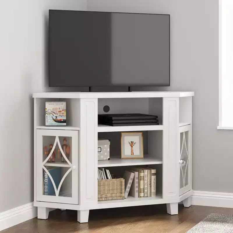 Meubles TV d'angle pour téléviseurs jusqu'à 55'', Meuble console média avec étagères réglables, Portes en acrylique avec motif diamant, Centre de divertissement