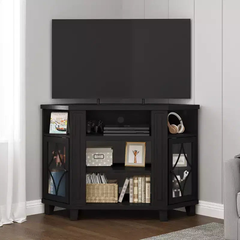Heynemo Corner TV Stands for TVs up to 55'', Media Console Table with Adjustable Shelves, Acrylic Doors with Diamond Pattern, Entertainment Center