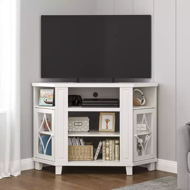 Meubles TV d'angle pour téléviseurs jusqu'à 55'', Meuble console média avec étagères réglables, Portes en acrylique avec motif diamant, Centre de divertissement