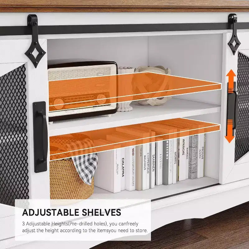 Meuble TV rustique de 66 pouces pour salon avec portes coulissantes de grange, meuble TV de ferme pour téléviseur de 75 pouces, console média robuste