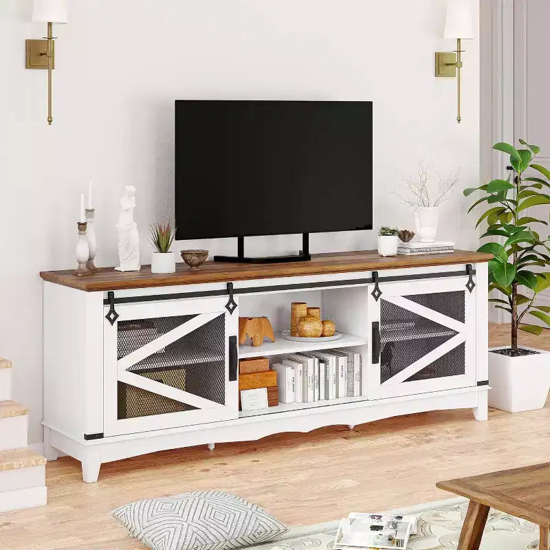 Meuble TV rustique de 66 pouces pour salon avec portes coulissantes de grange, meuble TV de ferme pour téléviseur de 75 pouces, console média robuste