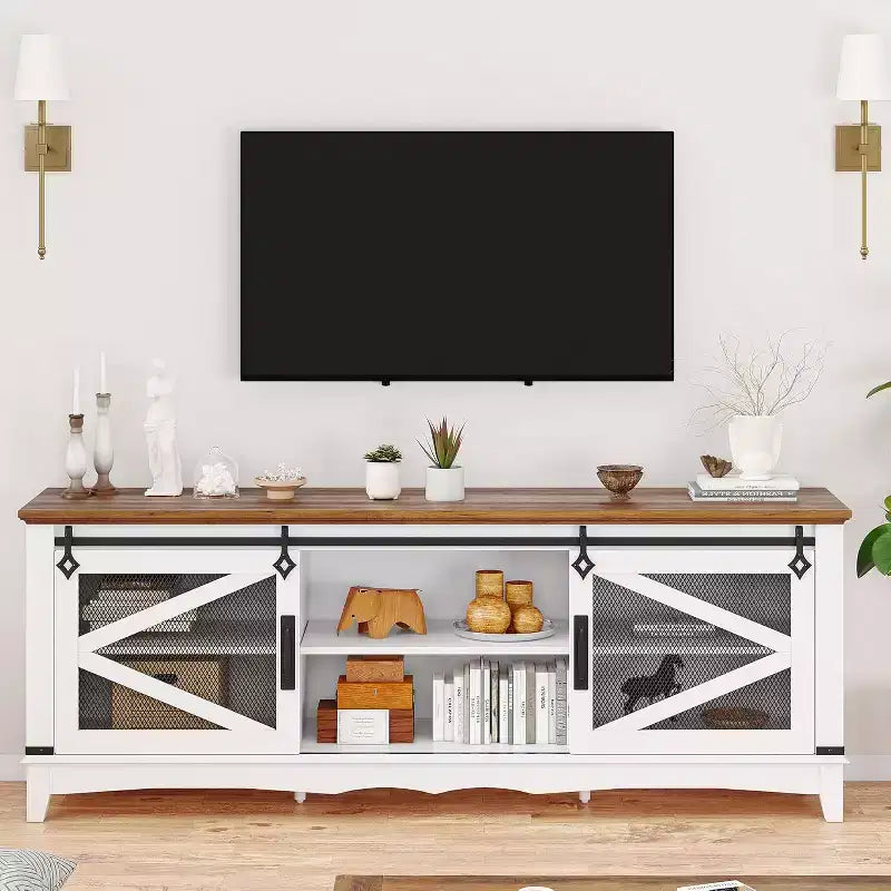 Meuble TV rustique de 66 pouces pour salon avec portes coulissantes de grange, meuble TV de ferme pour téléviseur de 75 pouces, console média robuste