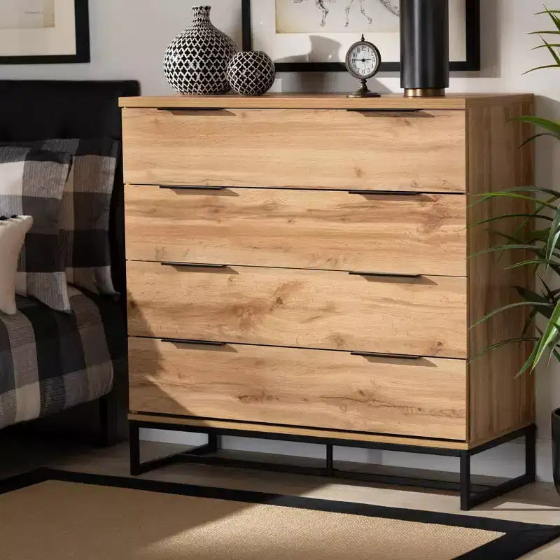 Reid Wood and Metal 4 Drawer Dresser Oak/Black - Baxton Studio: Contemporary Bedroom Storage, Minimalist Design