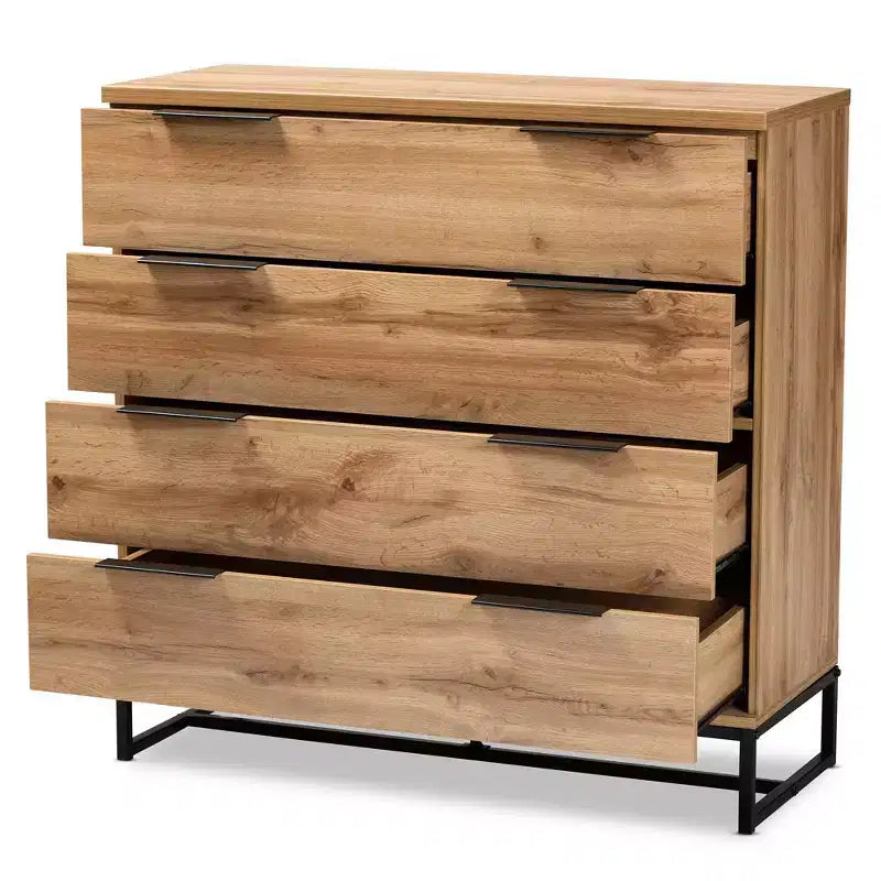 Commode 4 tiroirs en bois et métal Chêne/Noir - Rangement de chambre contemporain, design minimaliste
