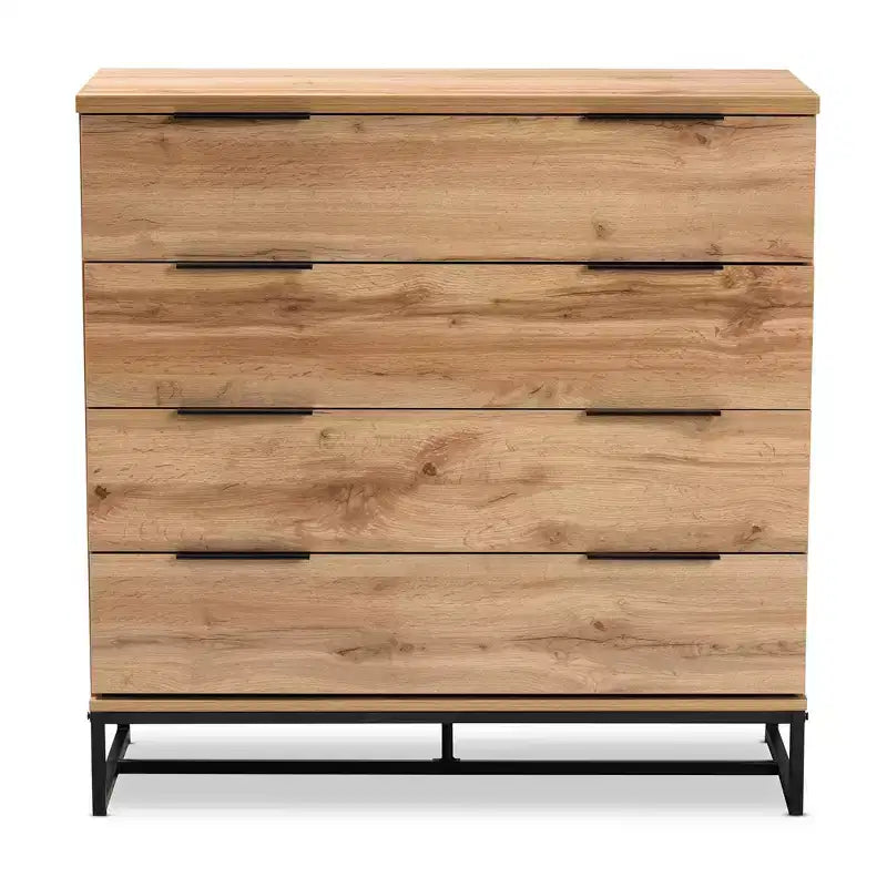 Commode 4 tiroirs en bois et métal Chêne/Noir - Rangement de chambre contemporain, design minimaliste