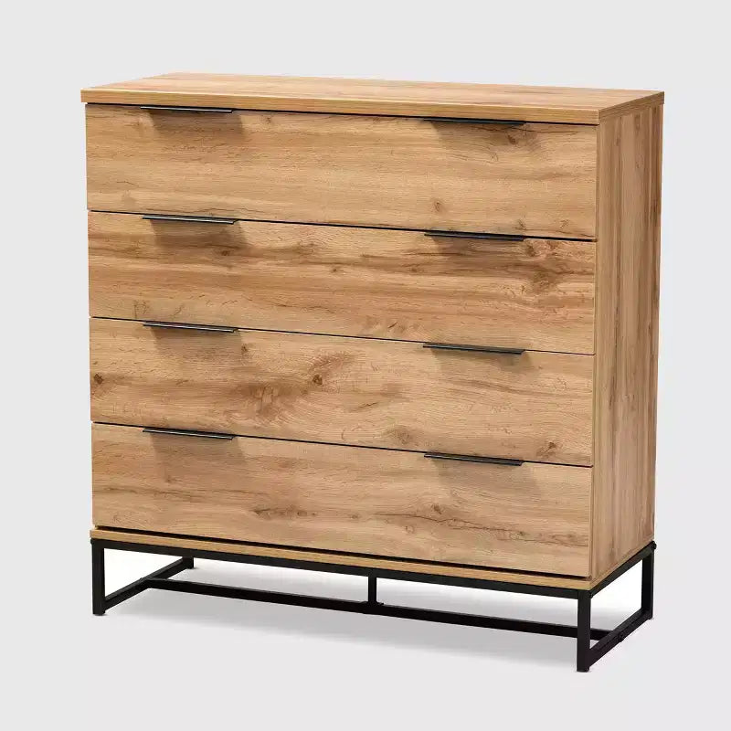 Commode 4 tiroirs en bois et métal Chêne/Noir - Rangement de chambre contemporain, design minimaliste