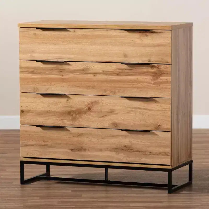 Commode 4 tiroirs en bois et métal Chêne/Noir - Rangement de chambre contemporain, design minimaliste