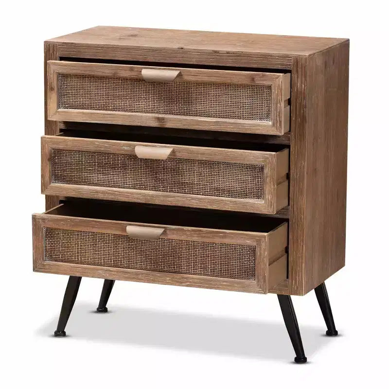 Commode de rangement à 3 tiroirs en bois et rotin marron