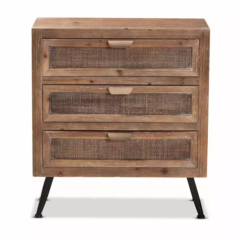 Commode de rangement à 3 tiroirs en bois et rotin marron