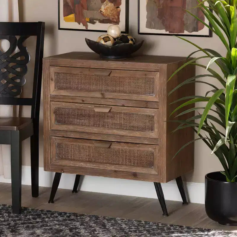 Commode de rangement à 3 tiroirs en bois et rotin marron