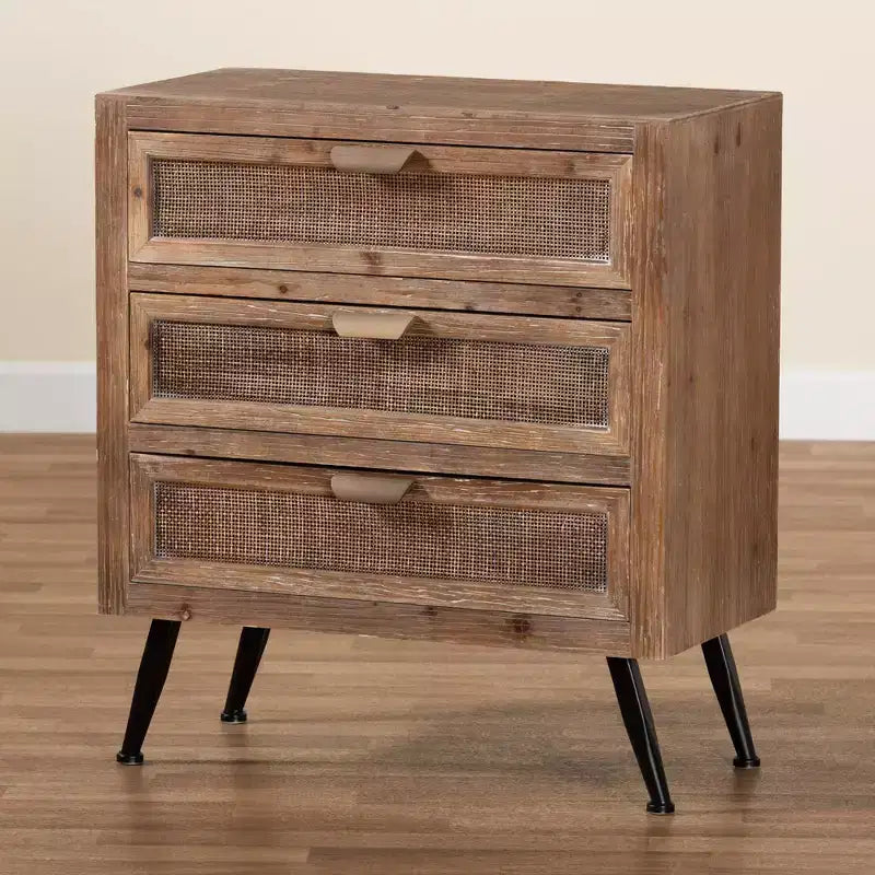 Commode de rangement à 3 tiroirs en bois et rotin marron
