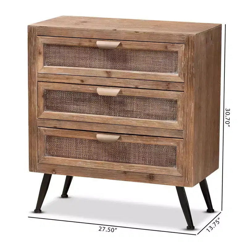 Commode de rangement à 3 tiroirs en bois et rotin marron