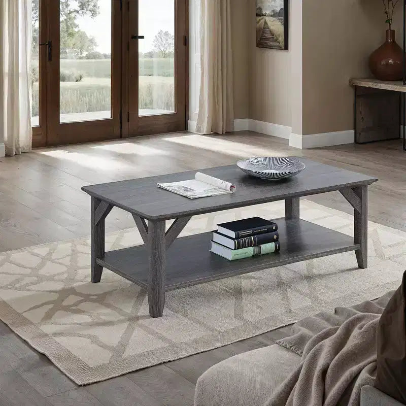 Table basse gris patiné - Design rustique à 2 niveaux, finition mélamine, pieds effilés