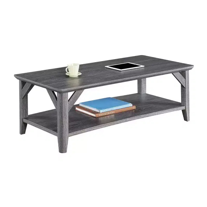 Table basse gris patiné - Design rustique à 2 niveaux, finition mélamine, pieds effilés