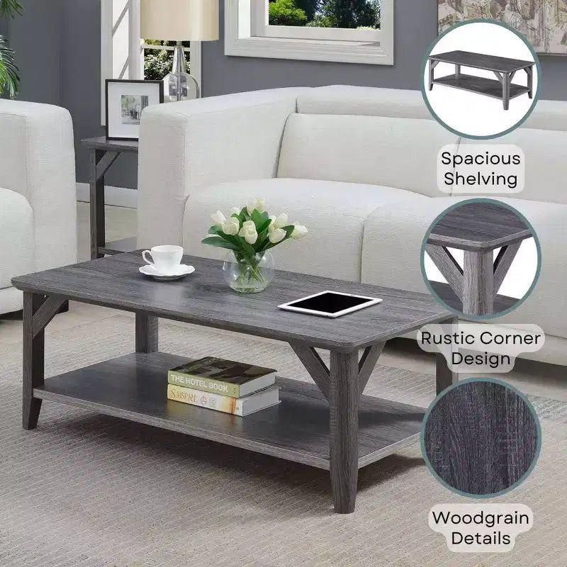 Table basse gris patiné - Design rustique à 2 niveaux, finition mélamine, pieds effilés