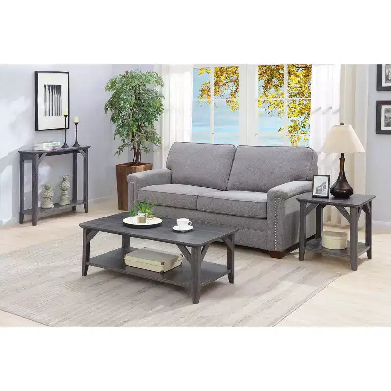 Table basse gris patiné - Design rustique à 2 niveaux, finition mélamine, pieds effilés