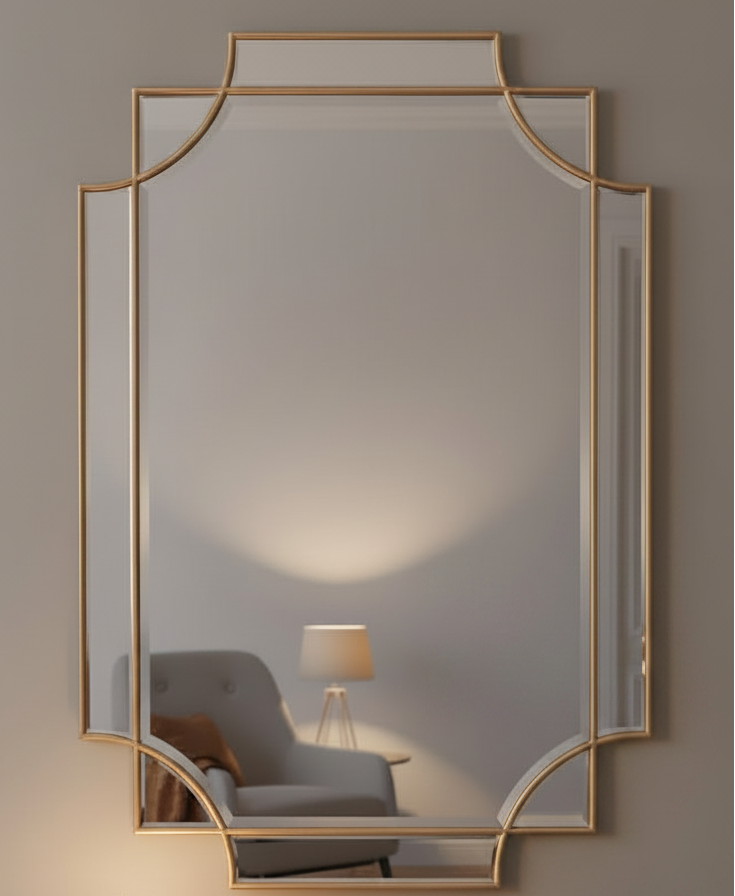 Miroir Mural de Vanité Rectangulaire Cadre Chevauchant Doré Biseauté Moderne 30 3/4 Pouces de Large pour Salle de Bain Chambre Salon Entrée