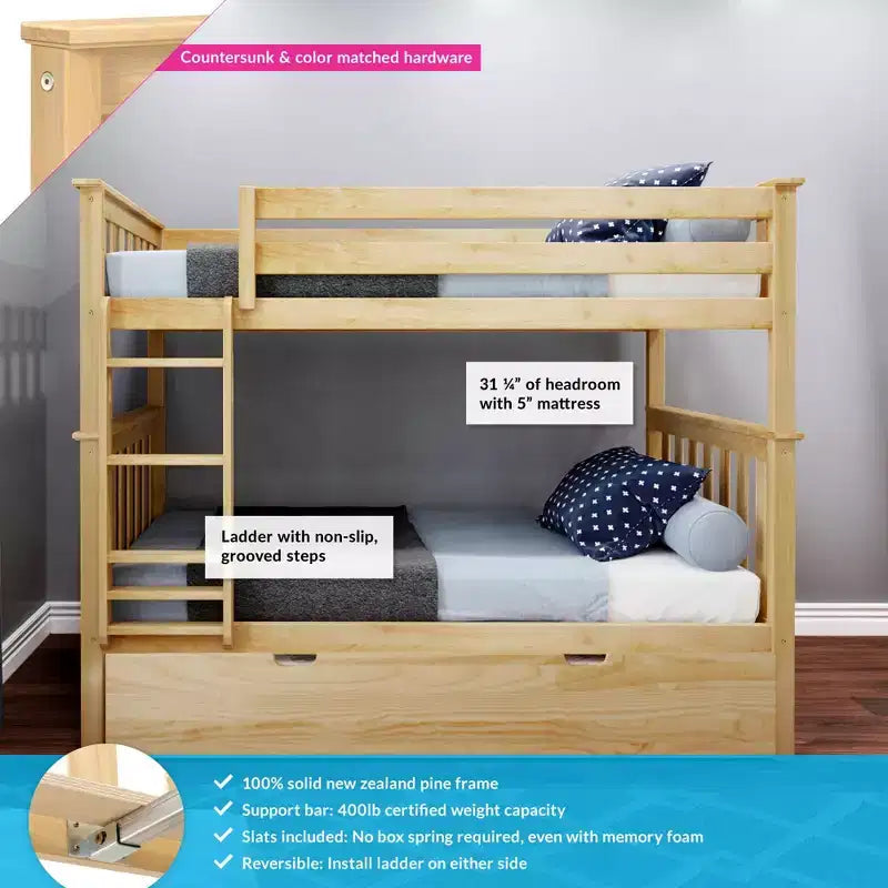 Lit superposé double en bois massif avec lit gigogne de rangement pour enfants