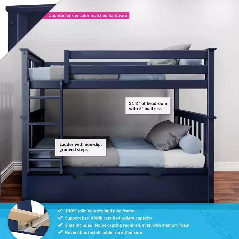 Lit superposé double en bois massif avec lit gigogne de rangement pour enfants