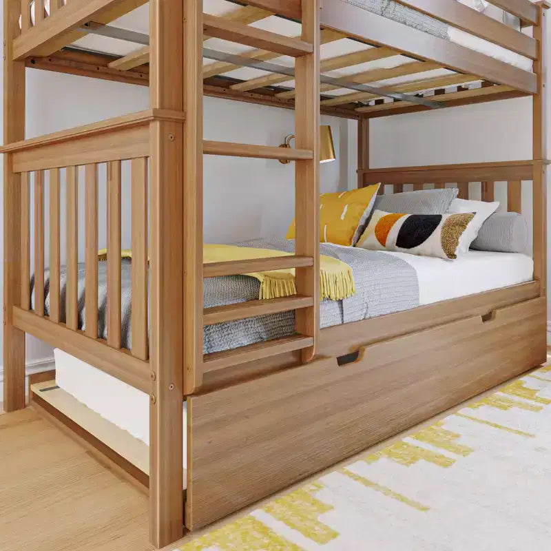 Lit superposé double en bois massif avec lit gigogne de rangement pour enfants