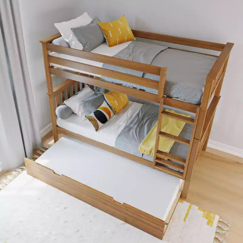 Lit superposé double en bois massif avec lit gigogne de rangement pour enfants