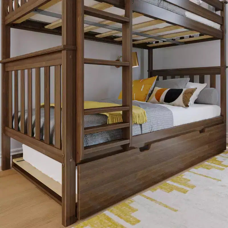 Lit superposé double en bois massif avec lit gigogne de rangement pour enfants