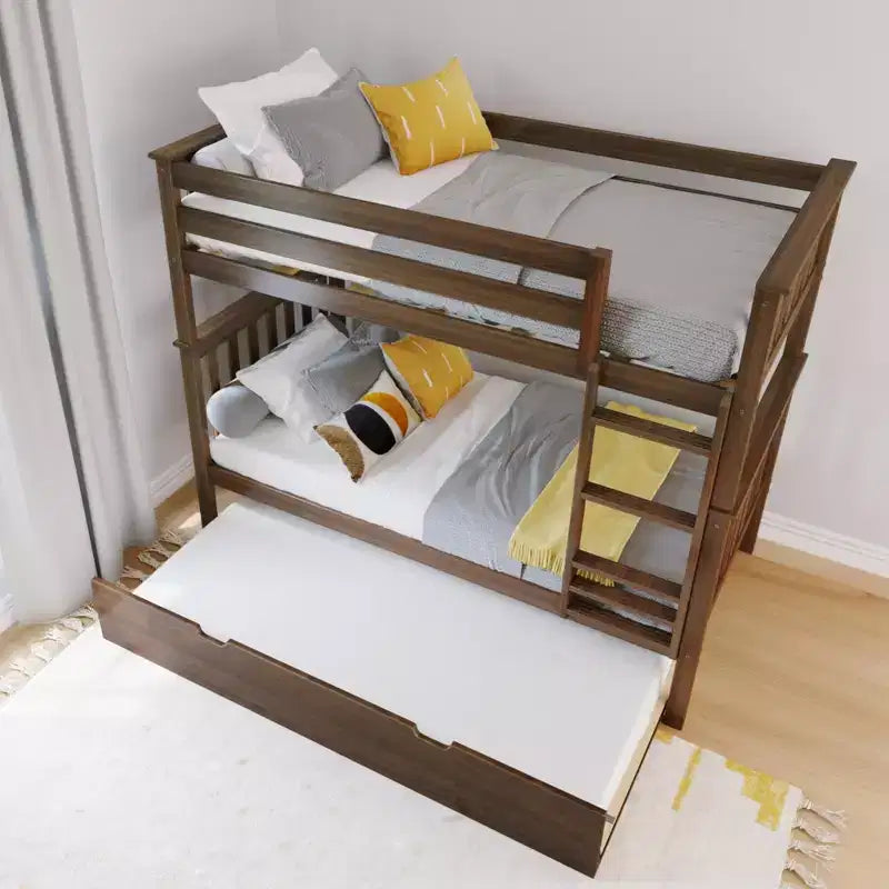 Lit superposé double en bois massif avec lit gigogne de rangement pour enfants