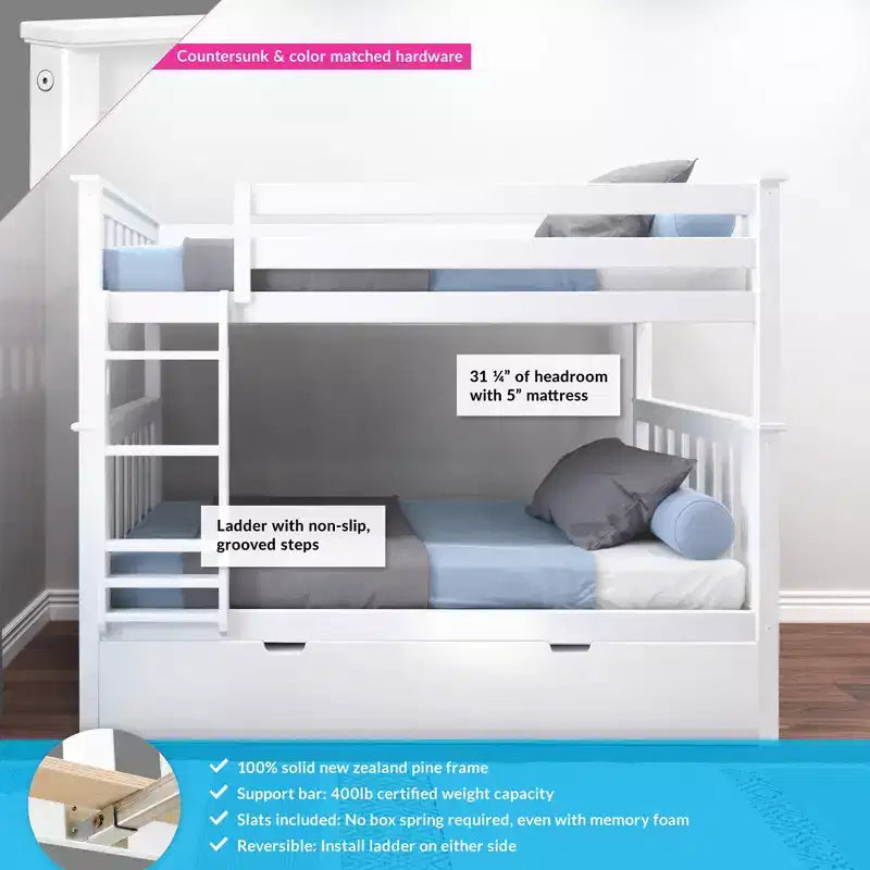 Lit superposé double en bois massif avec lit gigogne de rangement pour enfants