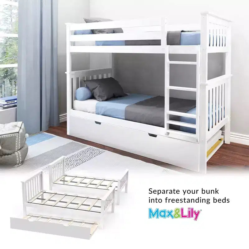 Lit superposé double en bois massif avec lit gigogne de rangement pour enfants