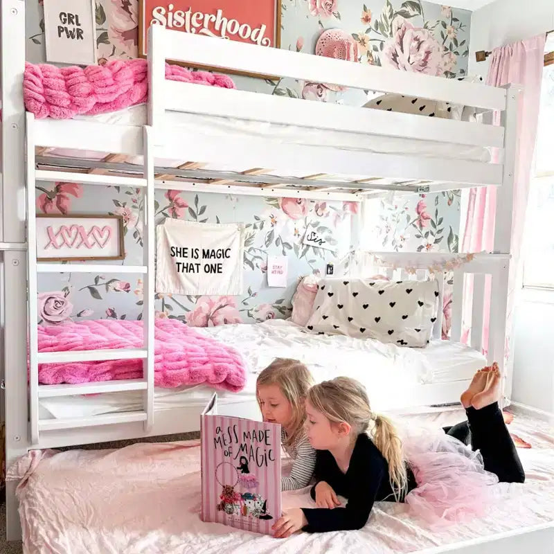 Lit superposé double en bois massif avec lit gigogne de rangement pour enfants