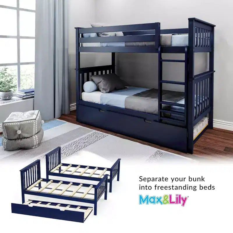 Lit superposé double en bois massif avec lit gigogne de rangement pour enfants