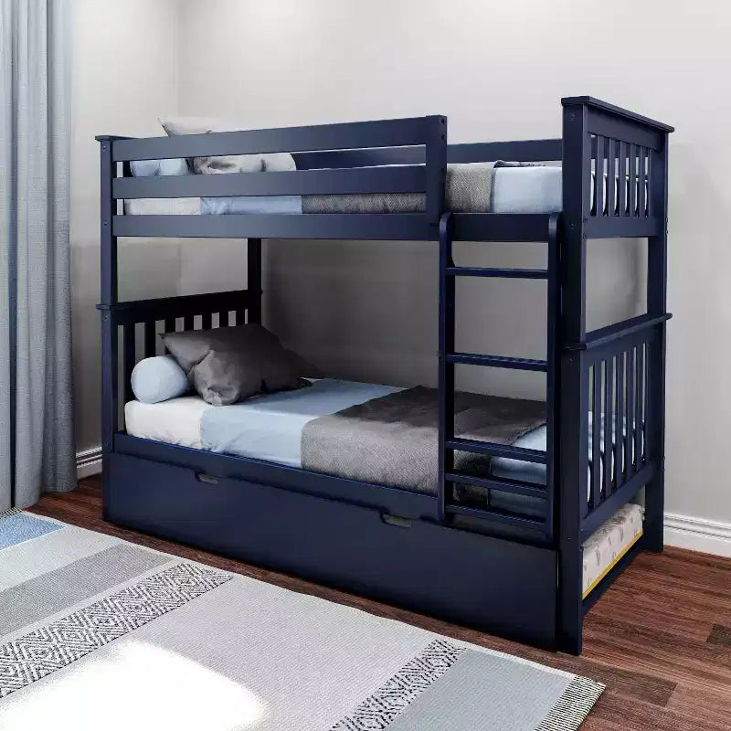 Lit superposé double en bois massif avec lit gigogne de rangement pour enfants