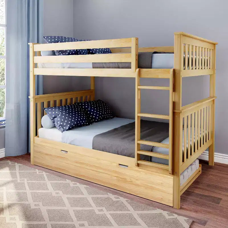 Lit superposé double en bois massif avec lit gigogne de rangement pour enfants