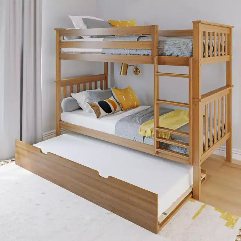 Lit superposé double en bois massif avec lit gigogne de rangement pour enfants