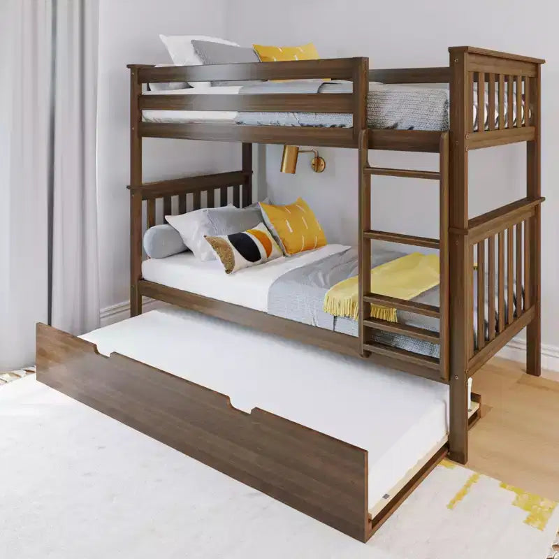 Lit superposé double en bois massif avec lit gigogne de rangement pour enfants