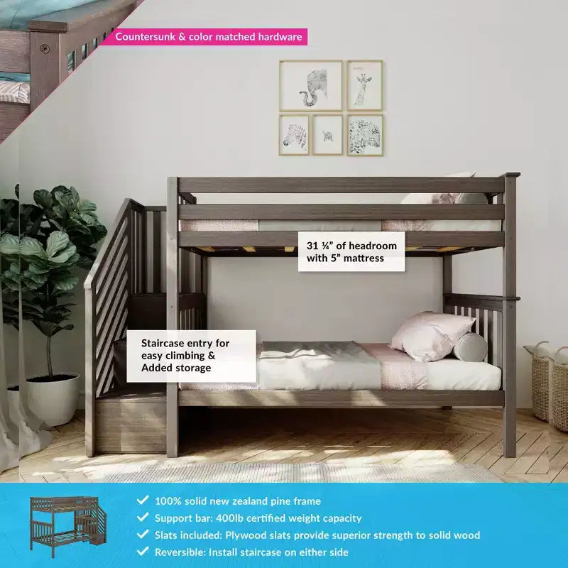 Lits superposés jumeaux pour enfants, lits superposés en bois massif avec escalier et rangement