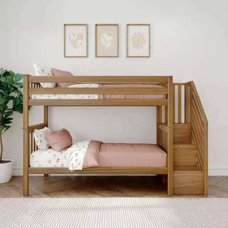 Lits superposés jumeaux pour enfants, lits superposés en bois massif avec escalier et rangement