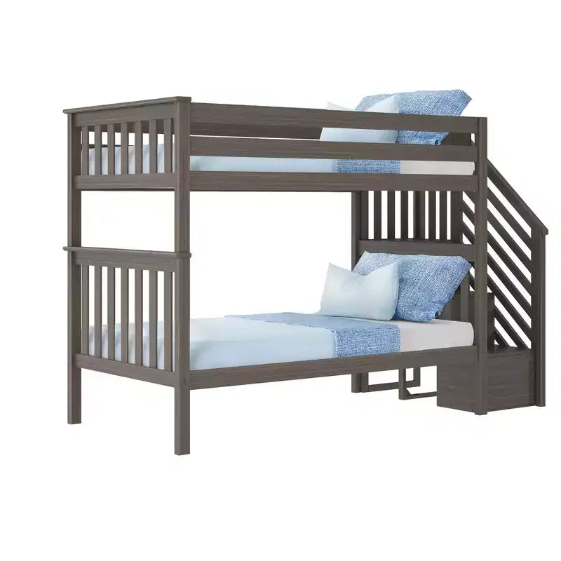 Lits superposés jumeaux pour enfants, lits superposés en bois massif avec escalier et rangement