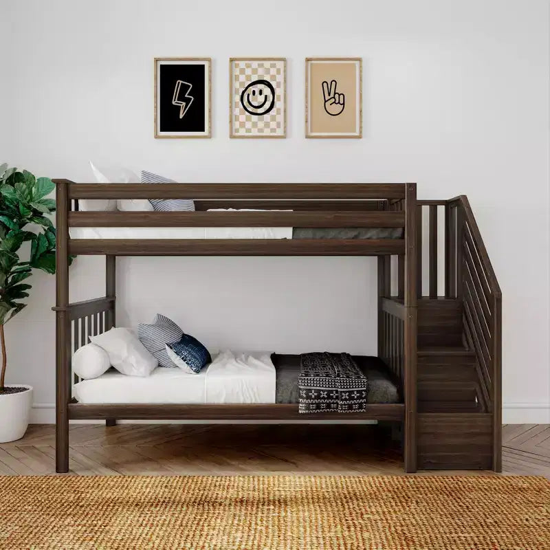 Lits superposés jumeaux pour enfants, lits superposés en bois massif avec escalier et rangement