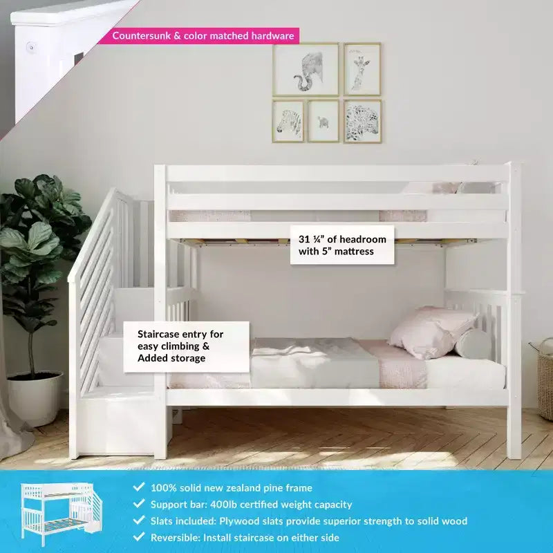 Lits superposés jumeaux pour enfants, lits superposés en bois massif avec escalier et rangement