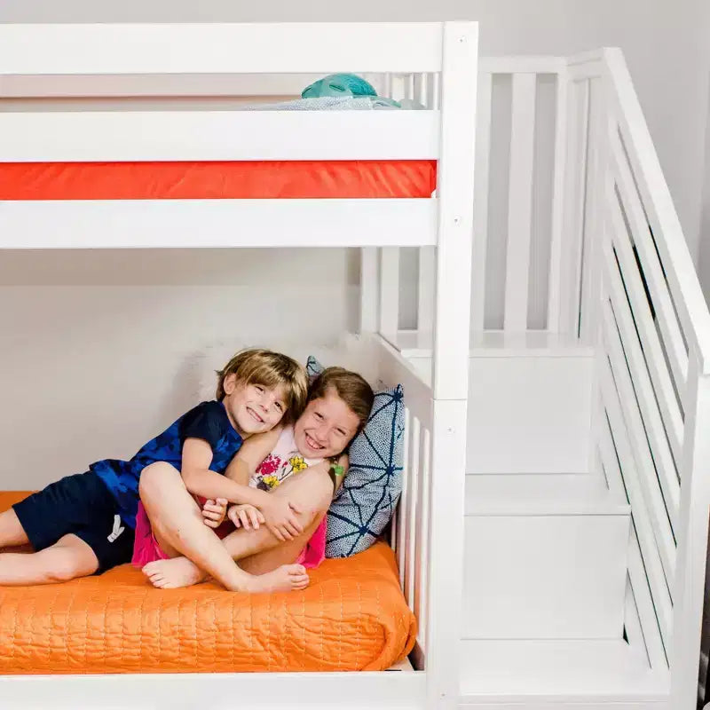 Lits superposés jumeaux pour enfants, lits superposés en bois massif avec escalier et rangement