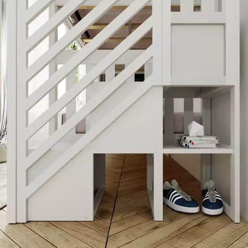 Lits superposés jumeaux pour enfants, lits superposés en bois massif avec escalier et rangement