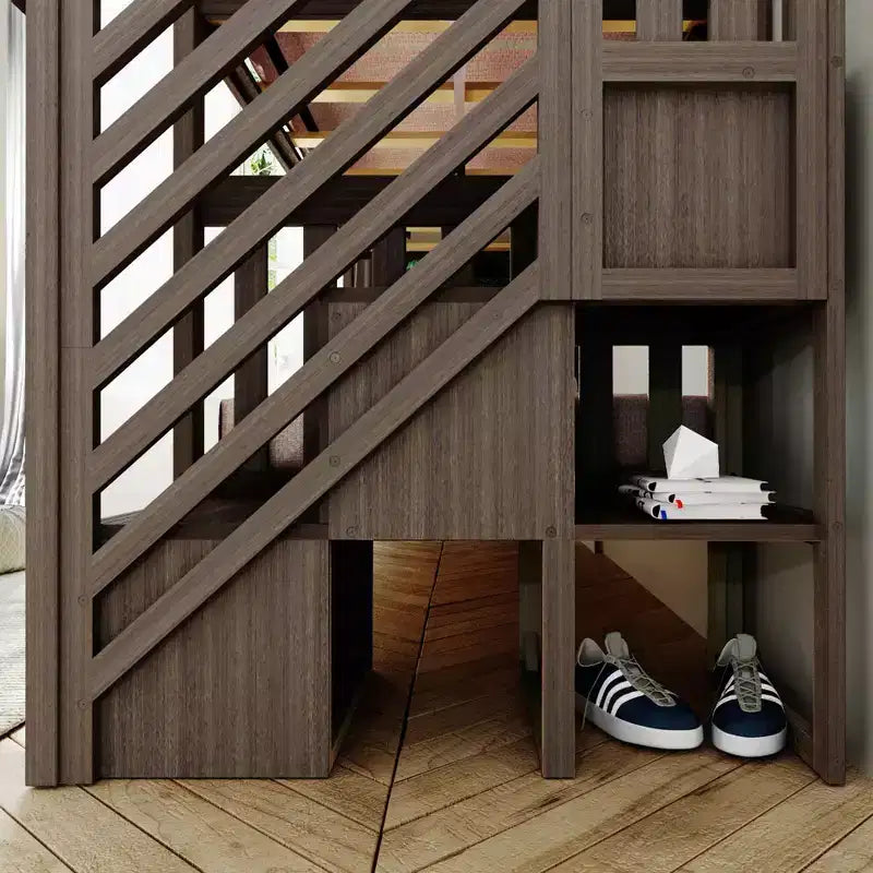 Lits superposés jumeaux pour enfants, lits superposés en bois massif avec escalier et rangement