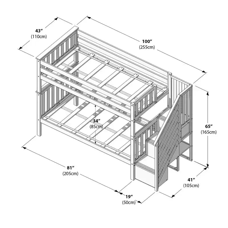 Lits superposés jumeaux pour enfants, lits superposés en bois massif avec escalier et rangement