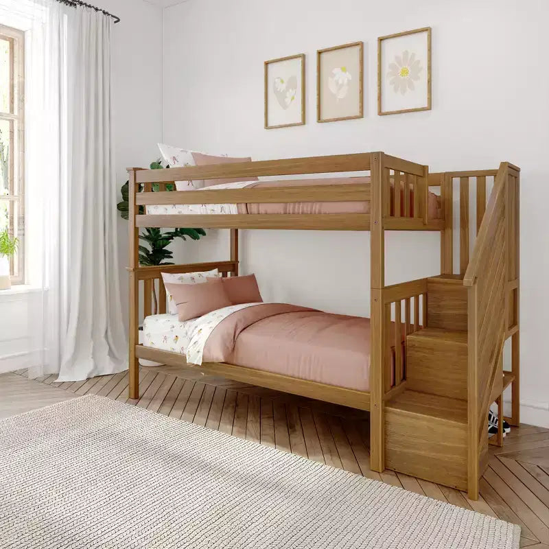 Lits superposés jumeaux pour enfants, lits superposés en bois massif avec escalier et rangement