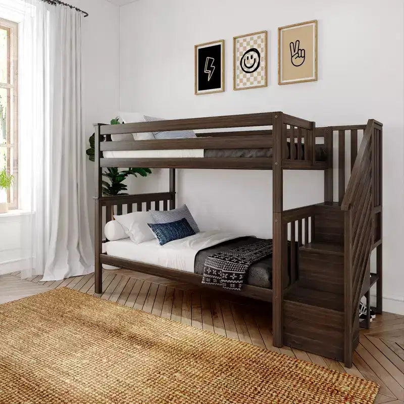 Lits superposés jumeaux pour enfants, lits superposés en bois massif avec escalier et rangement