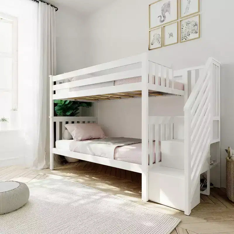 Max & Lily Twin over Twin Bunk Bed for Kids, Solid Wood Bunk Beds with Stairs and Storage