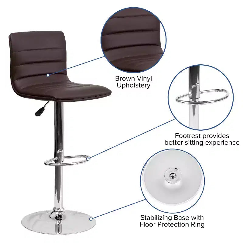 Tabouret de bar moderne en vinyle à hauteur réglable avec dossier à surpiqûres horizontales,
