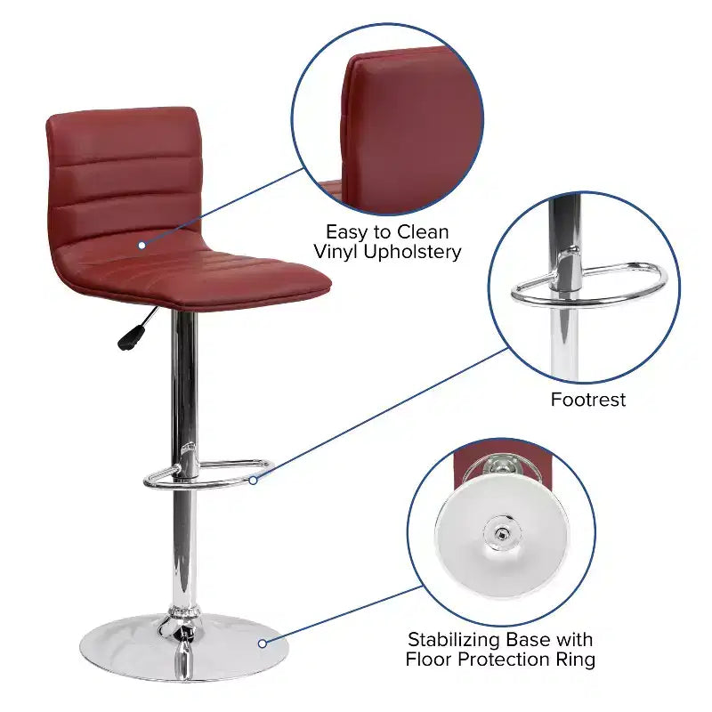 Tabouret de bar moderne en vinyle à hauteur réglable avec dossier à surpiqûres horizontales,